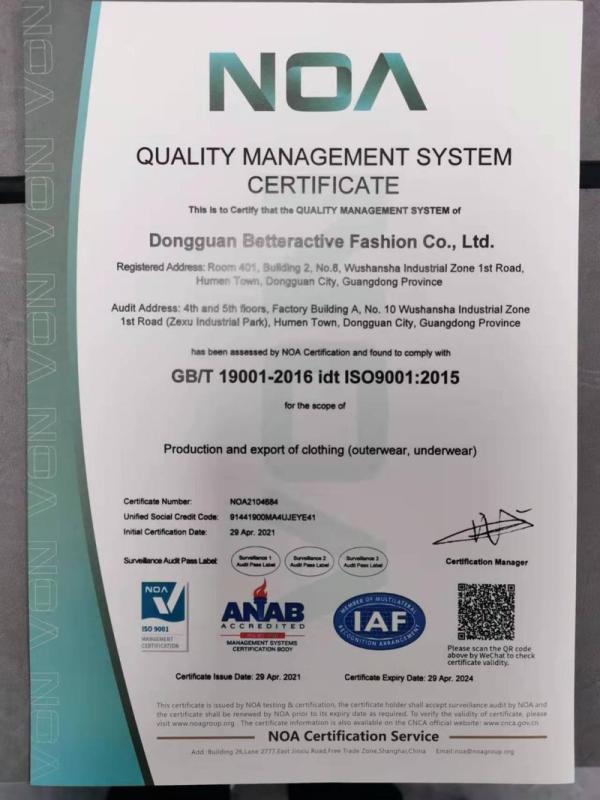 ISO9001 - Dongguan Betteractive Fashion Co., Ltd.