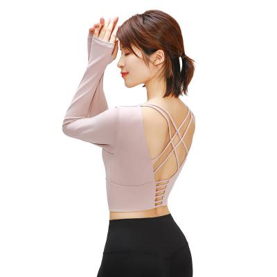 China Breathable Sports Women Half Navel Crop Yoga Long Sleeve Sexy Cross Back Outdoor Running T-Shirt for sale