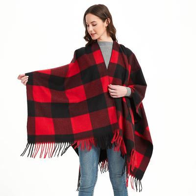 China Weaving Autumn and Winter New Women's Split Cape Thickened Plaid Barbed Tassel Shawl for sale