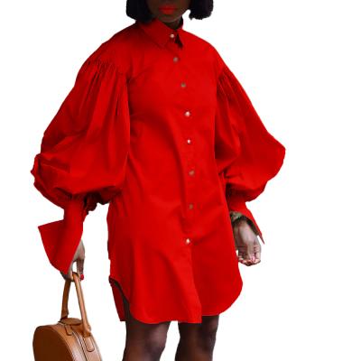 China Tianbao's breathable 2021 autumn the new bubble sleeves solid color long sleeve lapel shirt loose casual dress for sale