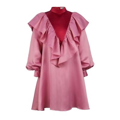 China Tianbao 2021New Breathable Shirtdress Collar Bubble Sleeve Vertical Drops Color Plus-size Splicing Casual Dress for sale