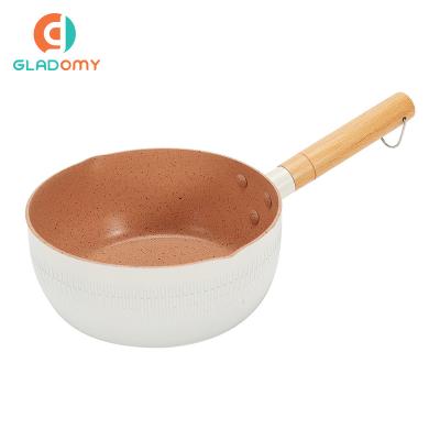 China Pressed Aluminum Ceramic Coating Snow Stocked Egg Pan Sauce Milk Pan With Wooden Handle for sale