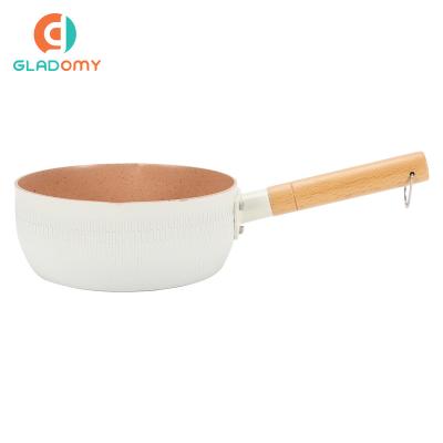 China New Design Stocked Pressed Aluminum Sauce Pot With Stainless Steel Wooden Handle White Milk Pan for sale