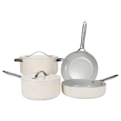 China Stored Pressed Aluminum Easy Clean Non Stick Coating Ivory Effect Pan Sets Kitchenware Cookware Set for sale