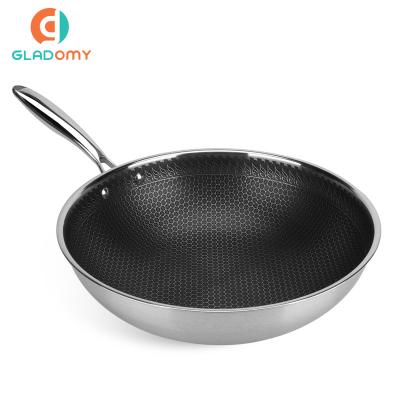 China Hot Selling Customized Stocked Stainless Steel Wok With Glass Woks Pan Honeycomb Wok Frying Triple Nonstick Lid for sale