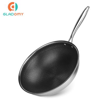 China High Quality Wok Stocked Pan With Glass Lid Non Stick Frying Pan Stainless Steel Honeycomb Wok Pan Uniform Heating for sale