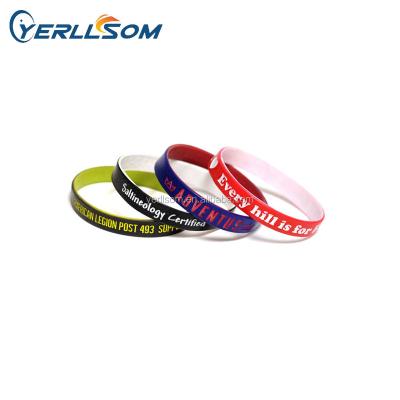 China Stylish High Quality 1/2 Inch Dual Layer Silicon Personal Charm Bracelets Customized Message Rubber Wristbands For Business Gift Y052110 for sale