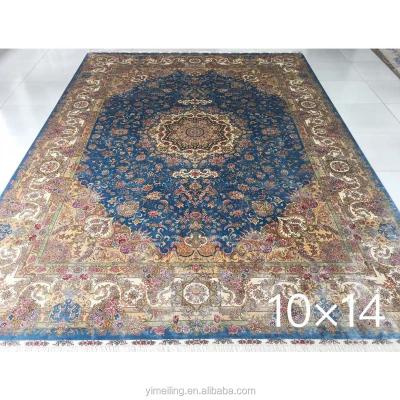 China Large Size 10x14 Oriental Traditional Blue Handmade Pure Persian Silk Area Rug Stain Resistant For Living Room for sale