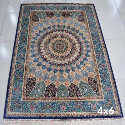 China American Style 4x6 Blue Center Medallion Silk Hand Knotted Persian Rug For Persion Bedroom Study Room for sale