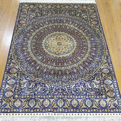 China Oriental Traditional Blue Handmade Large 4x6 Center Medallion Silk Blanket Hand-knotted Oriental Persian Blankets For Study Room for sale