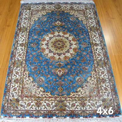 China Oriental Traditional Persian Blue Silk Rug 4x6 Handmade Blanket Hand Knotted Persian Blankets For Persion Bedroom for sale