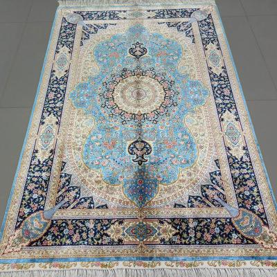 China Traditional 4x6 Kashmir Blue Beige Oriental Persian Design Silk Rug Double Knotted Handmade With Shiny Color For Home Decoration for sale