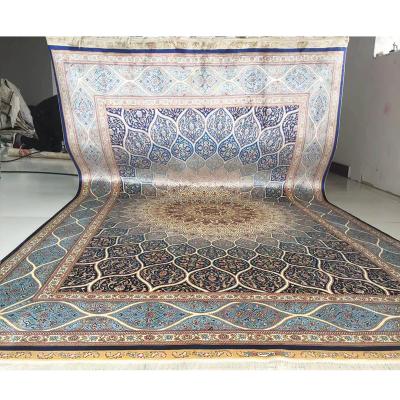 China 6x9 Qum Qom Medallion Urban Medallion Dark Blue Oriental Traditional Persian Design Silk Hand-tied Bedroom Set For Sale for sale