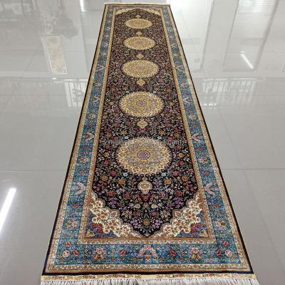 China Traditional Hand Made Persian Silk Blue Rug Rug Blanket Runner Hallway Rugs 3x12 Long Runners For Hallway Stairs Lobby Stairhall for sale