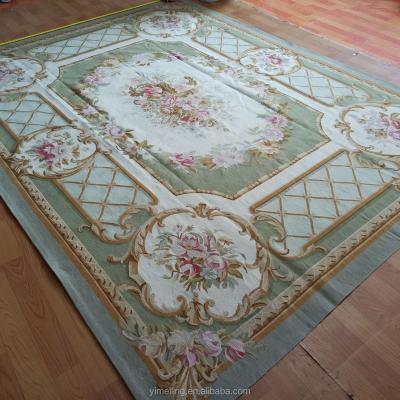 China European Aubusson Floral Traditional Light Green French Style Wool Aubusson Area Rug Handmade Hand Crated For Bedroom for sale