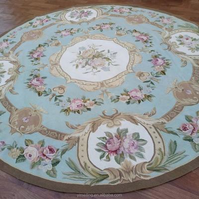 China European French Aubusson 8 x 8ft Diameter Round Green Floral Aubusson Blankets Round Large Size French Wool Circular Blanket for Breakfest Room and Dining Room for sale