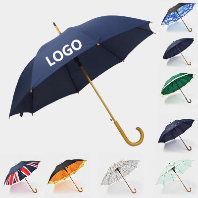 China CLASSIC Custom Classic Advertising Curved Rain Wooden Handle Umbrella RPET Hook Stick Eco-friendly Material Umbrella for sale