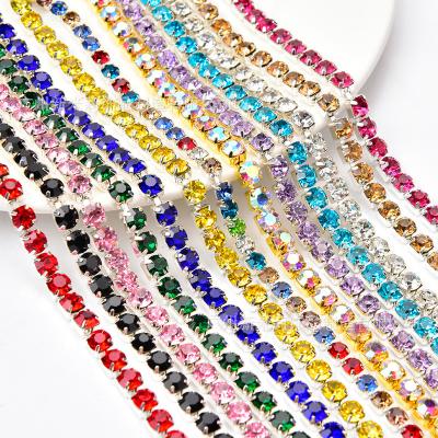 China Handmade Rhinestone Mesh Manufacture Base Color Glass Rhinestone DIY Shape Glass Crystal Rhinestones Chain Sew On Trim Narrow Cup Rhinestone Chains for sale