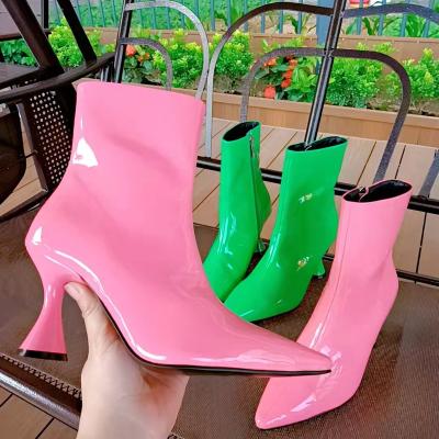 China Lightweight Fashion Boots for Women Pink Boots Women Cat Patint Leather High Heel Pointed Patent Leather Candy Solid Color Mid Boots for sale