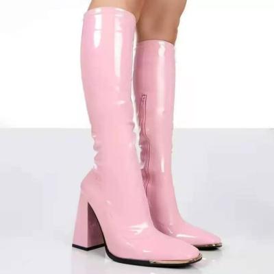 China Light Square Toe Thick Heel Pink Knee Boots Patent Leather High Heels Shoes Fashion Zipper Women Knee High Heel Boots for sale