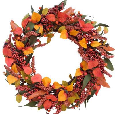 China Decoration Indoor Outdoor Fall Garlands for Front Door Autumn Wreath with Maple Leaf and Berry for Autumn Halloween and Thanksgiving Day for sale