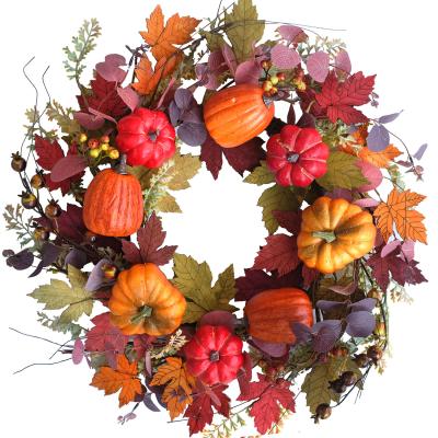 China Outdoor Indoor Decorative Autumn Fall Wreath Artificial for Harvest Thanksgiving Door Decor with Pumpkins Maple Leaf and Berry for sale