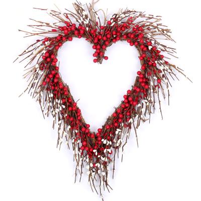 China Outdoor Indoor Decoration Valentine's Day Decorations Wreath Red Heart Shaped Garland Decor with Berries for Internal Front Door Decor for sale