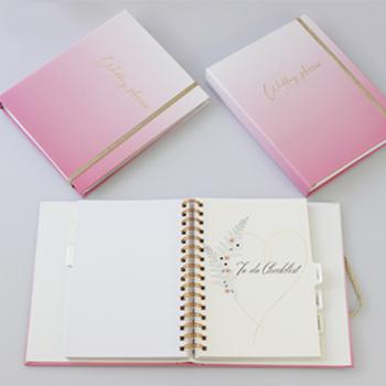 China Exceptional Quality Spiral Custom Wedding Planner Inserts Label Notebook with Gold Elastic Band for sale