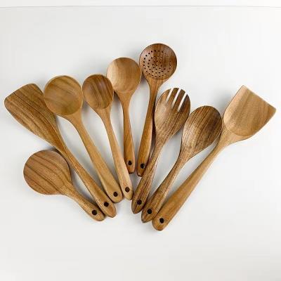 China Sustainable Ustensiles De Cuisine Teak Wood Cooking Kitchen Utensils Set Tool 9pc Spoons Spatula Utensils With Holder Spoon for sale