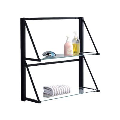 China Sustainable Wall mounted  metal floating 2-tier folding bathroom glass shelf towel shelf rack for sale