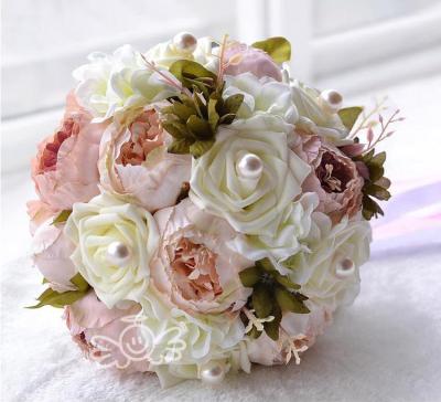 China Pretty Bride Wedding Flower Peony Wedding Flower Artificial Flower and Rose Pearl Bridal Bouquet Moss Bride for sale