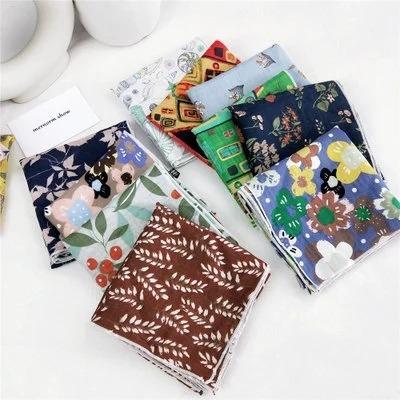 China Eco-friendly Promotion Recyclable Wholesale All-match Printed Korean Style Cotton Kerchief Work Scarf 55*55cm And Small Square Canvas Scarf Women for sale