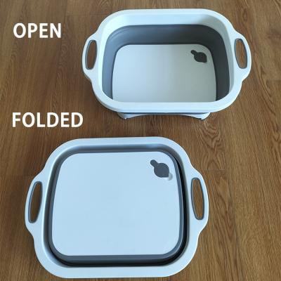 China 3 Viable in 1 Multifunctional Folding Cutting Chopper With Towel Kitchen Foldable Camping Dishes Drop Down Storage Basket for sale