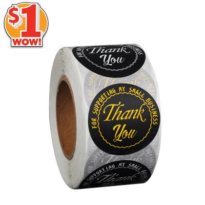 China [USD $1] Waterproof Self Adhesive Shopping Wedding Round Black Roll Gold 500Pcs Label Thank You Sticker for sale