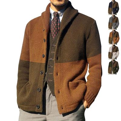 China Warm DMT7 Knit Cardigan Coat Patchwork Color Button Placket Sweater Long Sleeve Men's Knitted Sweater for sale