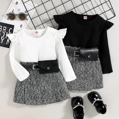 China Breathable Children Clothing Kid Girls Fall Outfits Solid Color Ribbed Long Sleeve Ruffle T-shirt+short Skirt+waist Bag Set for sale