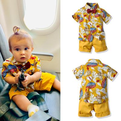 China Casual Boys' Short Sleeved Casual Shirt Suit Floral Shirt Bow Shorts Shirt Set for sale