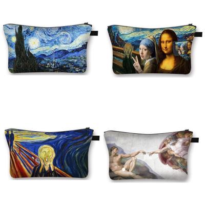 China Fashion in the current fashion Van Gogh vinci printed bag zipper travel makeup brushes pocket large capacity storage waterproof cosmetic bags for sale