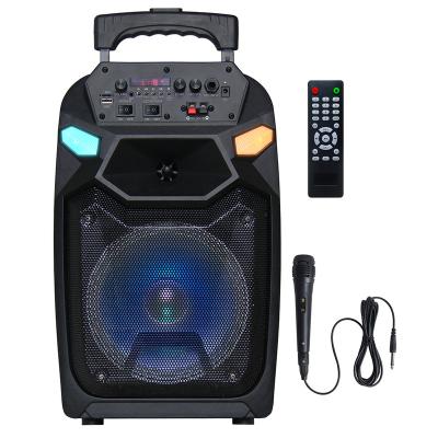 China Factory Wholesale Colorful Stock Light LED Speaker Outdoor 8 Inch Woofer Karaoke USB LED Outboard Trolley Speaker With MIC for sale