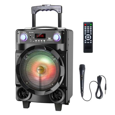 China 8 Inch Subwoofer Cart Colorful LED Light Boombox Sound Box Cheap Current Speaker Active Trolley Speaker With Microphone for sale