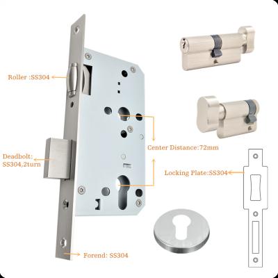 China Public Building 5572ZR Stainless Steel Roller Mortise Lock Body Compliance To BS EN 12209 Standard / DIN18251 55mm Backflow Height On Timbr Door for sale