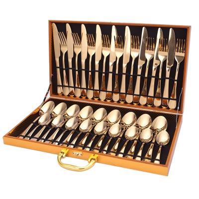 China Viable Luxury Household Flatware Set 36Pcs Knife Fork Spoon Set Gift Wooden Box Packaging for sale