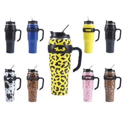 China Amazon New Leopard Print 40oz Sustainable Car Mug Large Capacity Straw Cup With Handle Travel Mug Vacuum for sale