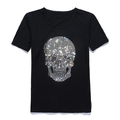 China Custom 2021 Summer Skulls T-shirt Fashion T-shirt Streetwear O Neck Anti Shrink Rhinestone T-shirt for sale