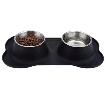 China Stainless Steel Viable Non-slip Driver Mat Double Pet Bowl Dog Silicone Travel Collapsible Pet Feeder Bowl for sale