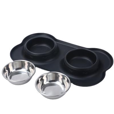 China China Manufacture Sustainable Pet Bowl Dog Water Feeding Bowl Silicone Mat With Double Steel Bowl Pet for sale