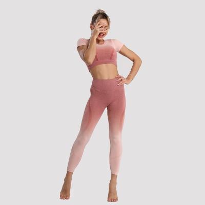 China Seamless Yoga Suit Breathable Gradual Change Tight Sports Invest Fitness Leggings Knitted And Sport Suit For Women for sale