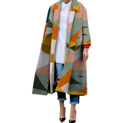 China Windproof Lapel Loose Slit Printed Geometric Anorak 2021 Long Autumn And Winter Women Clothing for sale