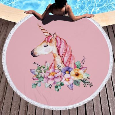 China Compressed Round Beach Towel Heat Transfer Printing Unicorn Pattern Blanket With Tassels Adult Yoga Swimming Can Be Diffusion Bath Towel for sale