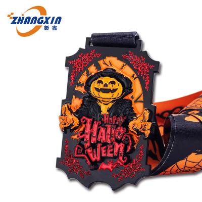 China Manufacturer Custom Marathon Running Halloween from Europe dyed 3d metal black medal award zinc alloy medal with ribbon for sale